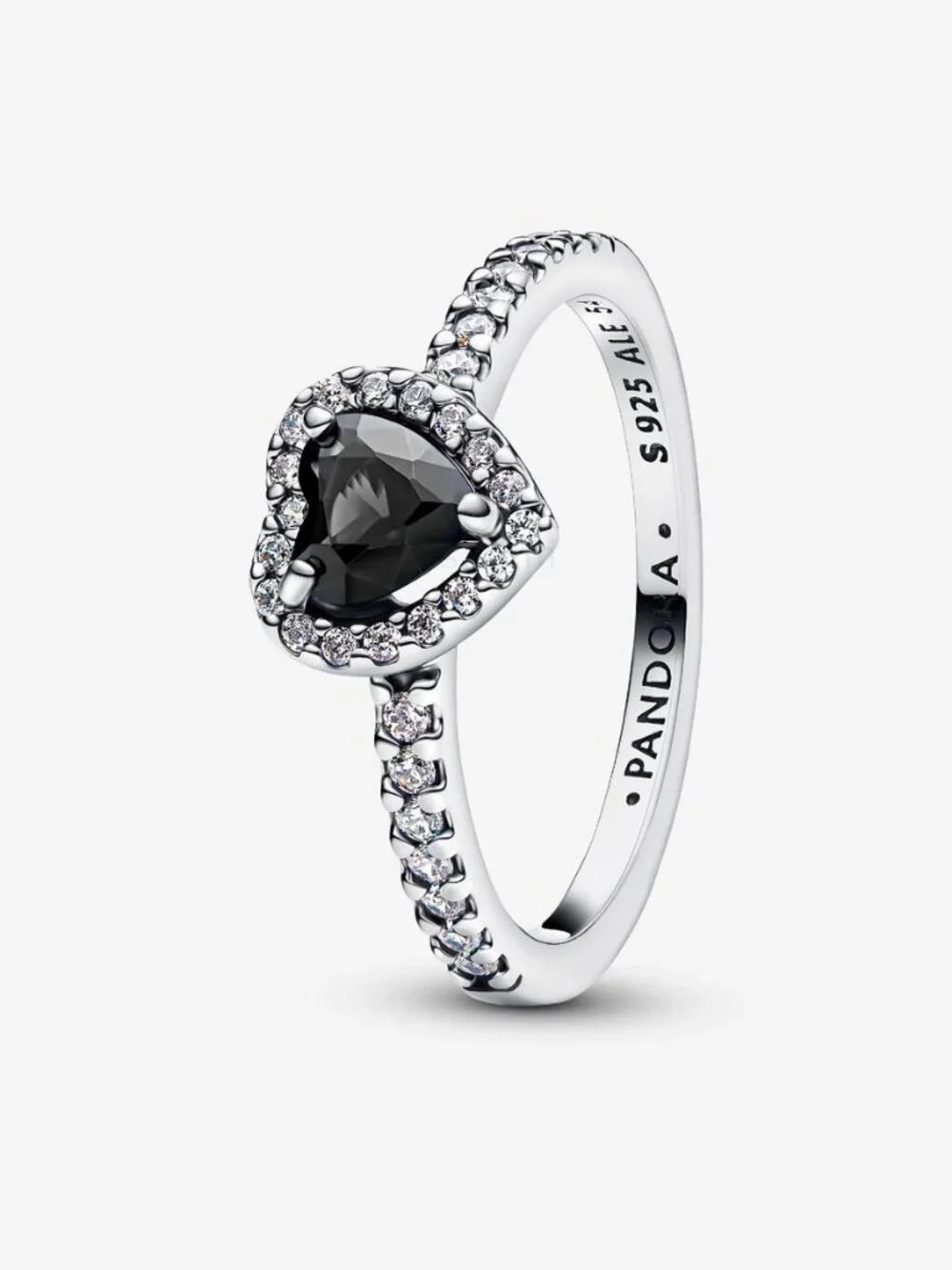 Pandora Silver Ring with Black Heart Stone and Clear Accents